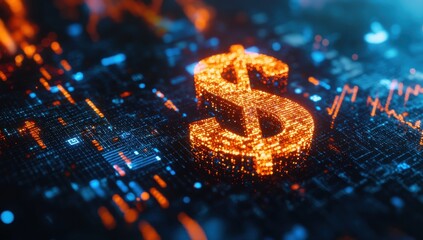 Poster - Glowing Dollar Sign in a Digital Landscape Representing Currency, Technology, and Financial Concepts in a Futuristic Environment