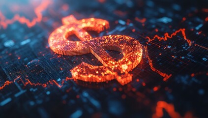 Poster - Glowing Dollar Sign Over Financial Data with Red Graphs, Representing Economic Trends, Investments, and Market Volatility in Digital Atmosphere