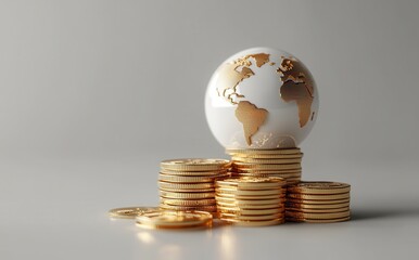 Poster - Golden Coins Stack with Globe Detail Highlighting World Map Symbolizing Wealth, Economics, and Global Trade Opportunities in Modern Finance