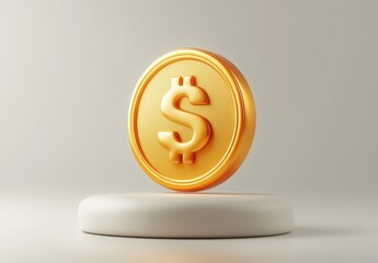 Poster - Golden dollar coin floating above a white pedestal with a minimalist background showcasing wealth and finance concepts in a modern design
