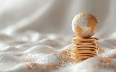 Poster - Golden Globe on Stacked Coins Surrounded by Silk Fabric, Symbolizing Wealth, Prosperity, and Global Economy