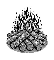 Wall Mural - campfire engraving black and white outline