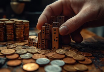 Poster - Hand arranging wooden blocks and stacking them among scattered coins, representing money management and investment strategy in a creative manner