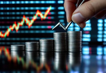Poster - Hand Holding Graph Pointer Over Stacks of Coins with Financial Market Data Displayed on Background with Rising Trend and Reflections on Surface