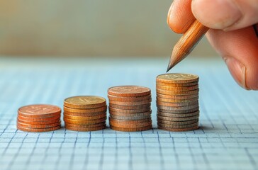 Poster - Hand Holding Pencil to Draw Growth Chart with Stacked Coins on Graph Paper Representing Financial Success and Investment Planning Concept