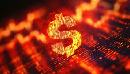 Poster - Illuminated dollar symbol with digital numbers creating a vivid abstract background representing finance, investment, money, and economic growth concept