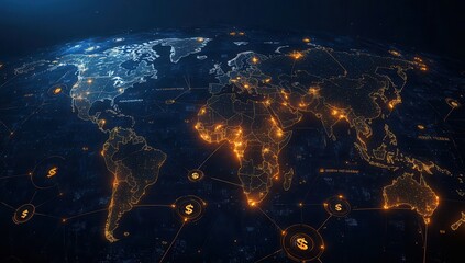 Poster - Illuminated World Map With Global Connectivity and Financial Symbols Depicting International Trade and Economic Growth in a Digital Era