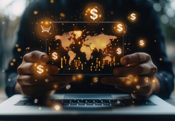 Poster - Modern technology concept showing a global financial network on a smartphone screen with symbols of commerce, currency, and data analytics represented creatively
