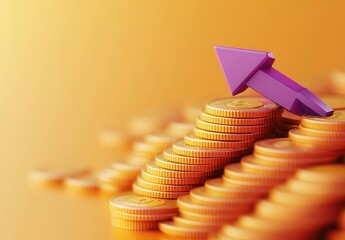 Poster - Purple Arrow Rising Above Stacks of Coins Representing Financial Growth and Investment Success in a Vibrant Golden Background for Economic Themes