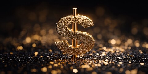 Poster - Shiny Gold Dollar Sign Sculpture on Glittering Background for Financial Themes and Economic Concepts