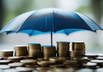 Poster - Small umbrella protecting stacks of coins symbolizing financial security and savings concepts in a bright and soft-focus environment