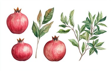 Wall Mural - A watercolor drawing of pomegranate branches, depicted in a simple style. The illustration includes pomegranate fruits, leaves, and branches