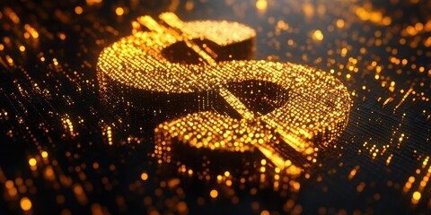 Aufkleber - sparkling golden dollar sign in a digital landscape with glowing particles floating around for finan