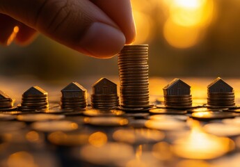 Poster - Stacked Coins and House Models Illustrate Investment Growth and Financial Success in Soft Natural Light of Sunset for Real Estate Concept