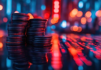 Aufkleber - stacks of coins reflecting colorful lights in an abstract financial environment showcasing the conce