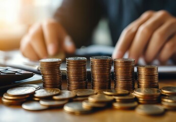 Poster - Stacks of coins with calculator and person analyzing financial data on desk, representing savings, investment, and wealth management strategy