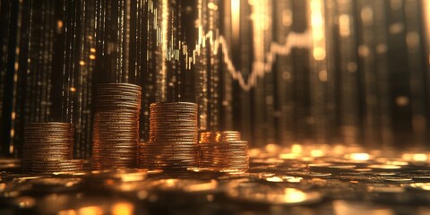 Poster - Stacks of golden coins with a fluctuating graph line in the background, representing financial growth and investment in a dynamic market environment
