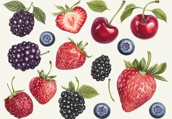 Wall Mural - Watercolor images of various berries set against a white background, featuring a fresh and healthy mix including strawberries, blackberries, cherries, and additional types