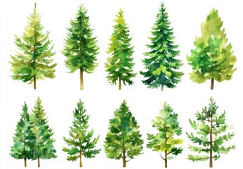 Wall Mural - An assortment of watercolor-painted trees and bushes, isolated on a white backdrop