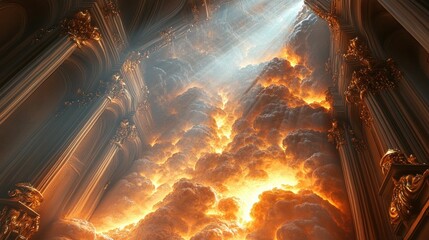 Canvas Print - Golden hall erupting fiery clouds divine light