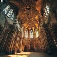 Wall Mural - Golden sunlight illuminates ancient church interior, ornate details.