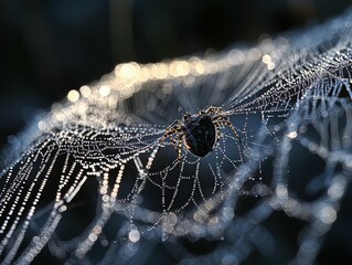 Wall Mural - Dew-kissed spiderweb, spider, morning light