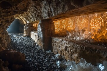 Poster - Crystal cave glowing ancient carvings mysterious passage