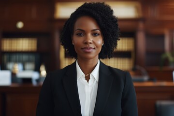 Wall Mural - Confident african female adult lawyer in courtroom