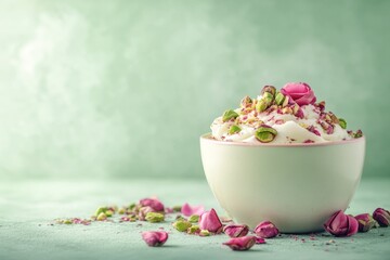 Wall Mural - Creamy dessert garnished with rose petals and pistachios