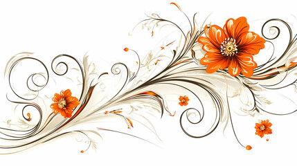 Wall Mural - orange floral design, swirling vines, isolated white background, decorative element, website header