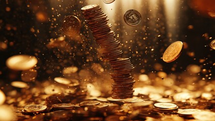Poster - A Dramatic Display of Gold Coins Falling and Stacking in a Glimmering Ambient Light, Symbolizing Wealth and Prosperity in a Lush Environment