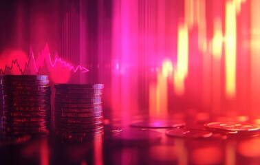 Poster - Abstract financial background with colorful patterns, glowing coins, and stock market charts in vibrant pink, purple, and red hues