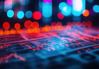 Poster - Abstract Financial Background with Dollar Bills, Blurred Bokeh Lights, and Colorful Data Trends Representing Modern Economic Analysis