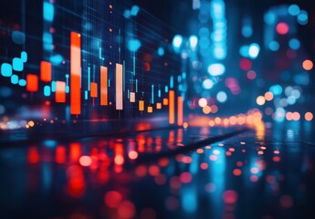 Poster - Abstract Financial Data Visualization with Colorful Bar Graphs and Sparkling Lights Displaying Market Trends and Digital Analytics in a Modern Environment