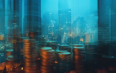 Poster - Abstract representation of digital currency and finance with city skyline, technology, and stacks of coins illuminated by neon lights at night