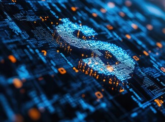 Poster - Abstract representation of digital currency with glowing dollar sign made of binary code illustrating high-tech financial transactions and modern economy concepts