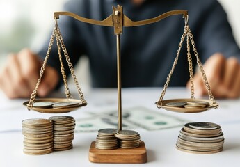 Poster - Balance of Wealth and Justice with Coins on Scales Representing Financial Equity and Economic Justice in a Business Environment