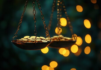 Poster - Balance Scale with Gold Coins Reflecting Warm Bokeh Lights, Symbolizing Wealth, Justice, and Prosperity in a Soft Glowing Environment