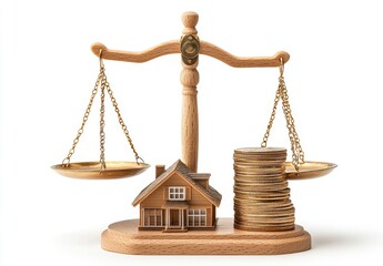 Poster - Balance Scale with House Model and Stacked Coins Representing Real Estate Investment and Financial Considerations for Homeownership Decisions