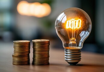 Poster - Bright Light Bulb Illuminating the Concept of Wealth with Stacks of Coins Symbolizing Financial Growth and Prosperity in a Modern Office Environment