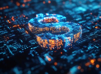 Poster - Bright Blue and Orange Digital Dollar Sign on Dark Technology Background Representing Cryptocurrency and Financial Innovation in Abstract Style