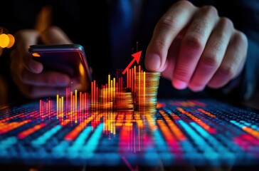 Poster - Business Professional Analyzing Financial Data on Smartphone with Stacked Coins and Growth Chart in Evening Light Effect