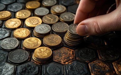 Poster - Close-up of a Hand Stacking Various Coins on a Textured Surface, Showcasing the Beauty of Currency and the Value of Money Management
