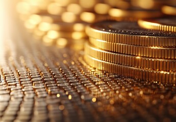Poster - Close-Up of Glimmering Golden Coins Stacked on a Textured Surface with Soft Lighting, Showcasing Wealth and Prosperity, Ideal for Financial Themes