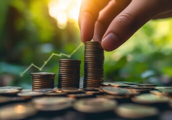 Poster - Close-Up of Hand Stacking Coins to Represent Financial Growth Amid a Green Nature Background with Soft Light and Ascending Graph Line
