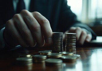 Poster - Close-up of Hands Counting Coins on a Wooden Table with Stacked Silvery and Golden Coins, Symbolizing Wealth Management and Financial Growth Strategies