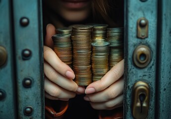 Poster - Close-up of Hands Holding Stacks of Coins Behind a Rusty Safe Door Symbolizing Wealth, Abundance, and Financial Security in a Dimly Lit Environment