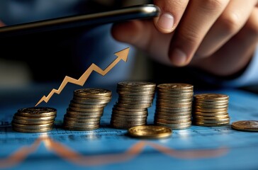 Poster - Close-Up of Hands Using Smartphone to Track Financial Growth with Stacked Coins and an Arrow Symbolizing Profit Enhancement on a Chart Background