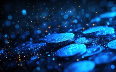 Poster - Close-Up of Shimmering Coins on a Dark Surface with Soft Glowing Bokeh and Sparkling Lights Creating an Enchanting Financial Atmosphere