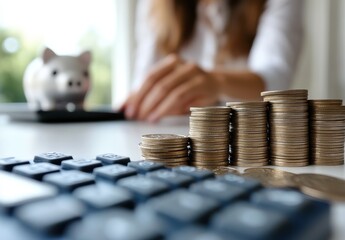 Poster - Close-Up of Stacked Coins Next to Calculator and Person Saving Money with Piggy Bank in Background for Financial Planning and Budgeting Concepts